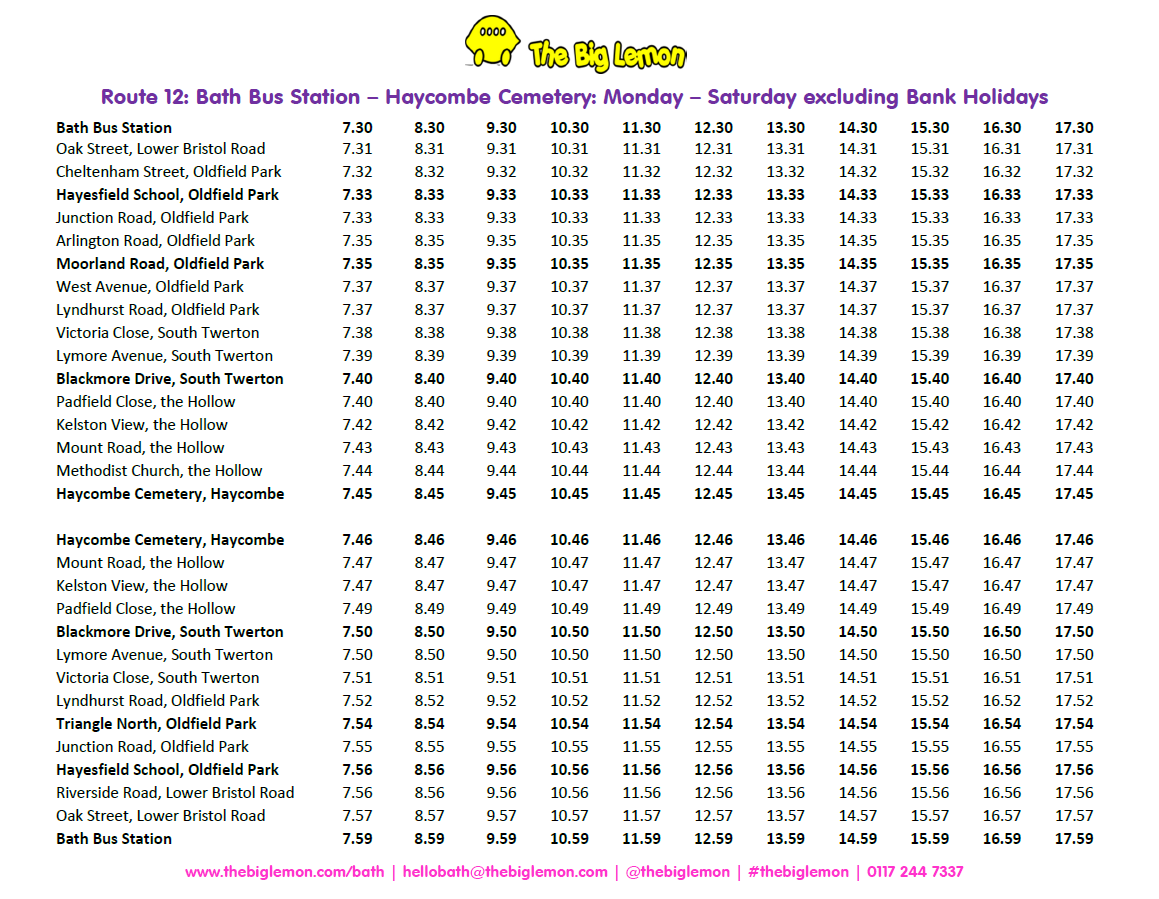Bath Route 12 timetable The Big Lemon